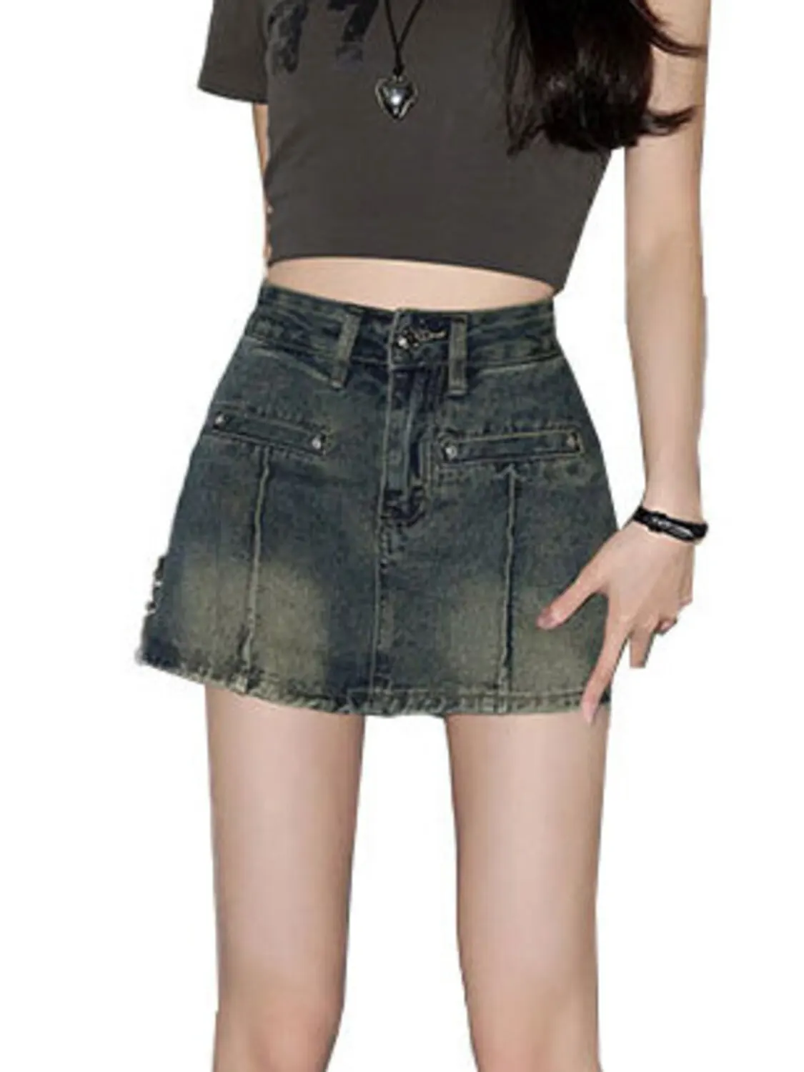 Obrázek 6: Dámská vintage mýt džínové skort vysoký pás distressed Y2K sukně šortky nýt kapsa