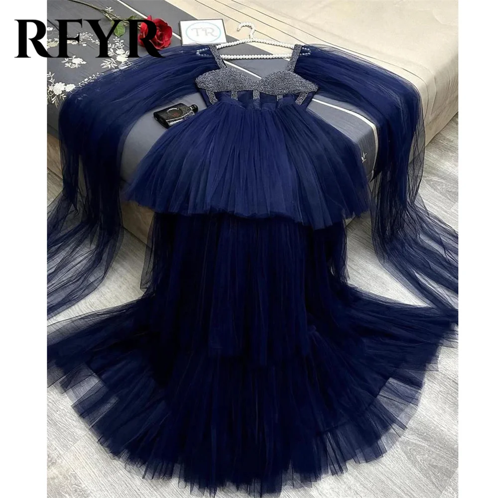 RFYR Elegant Royal Blue Prom Dress Swetheart Tulle Evening Dress Bead Appliques Tiered فستان سهرة Long Cape Sleeves Party Dress