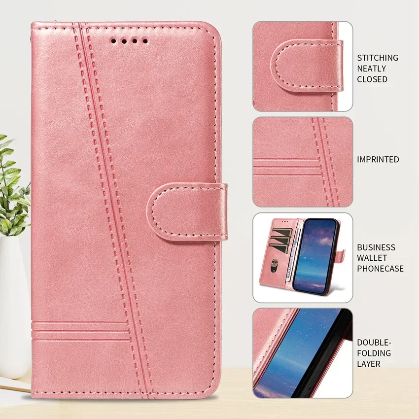 Line Leather Case For OPPO A36 A38 A58 A76 A78 A79 A96 A98 A93 A94 A95 A74 A73 A54 A54S A55 A57 4G 5G Wallet Card Stand Cover