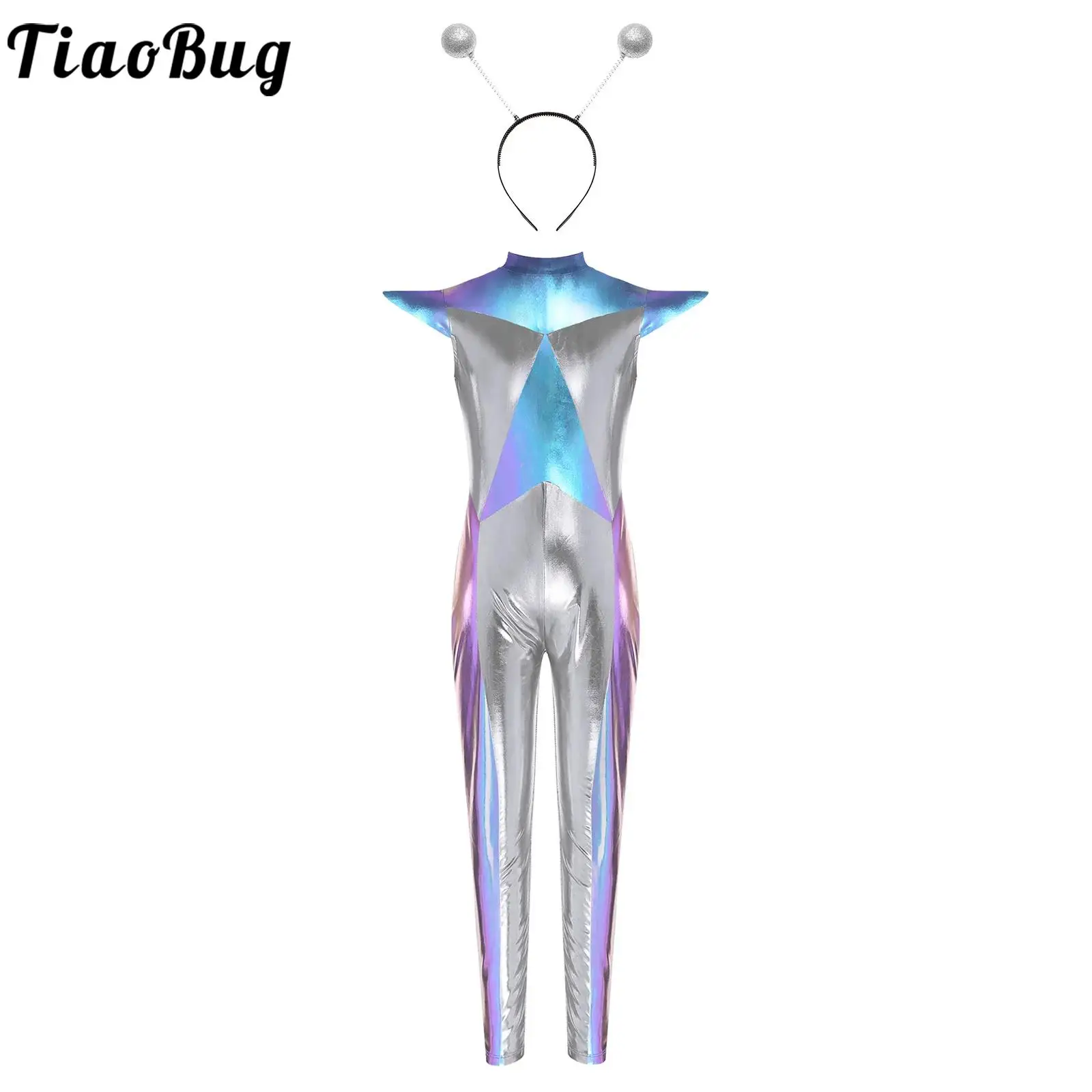 مجموعة أزياء لعب الأدوار الغريبة للأطفال البنات بذلة معدنية ذات ألوان متعددة وطوق شعر كائن فضائي لحفلات الهالوين الفاخرة