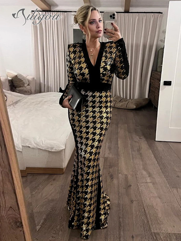 

Ailigou 2024 Women'S Sexy V-Neck Long Sleeved Sequined Bird Check Tight Fitting Long Dress Elegant Celebrity Party Evening Dress