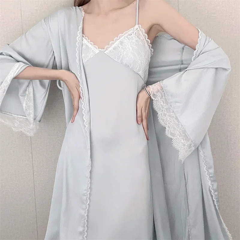 

Long Bathrobe Lace Patchwork Sleepwear New Spring Nighty&Robe Set French Style Nightgown Lady Elegant Nightwear Loungewear