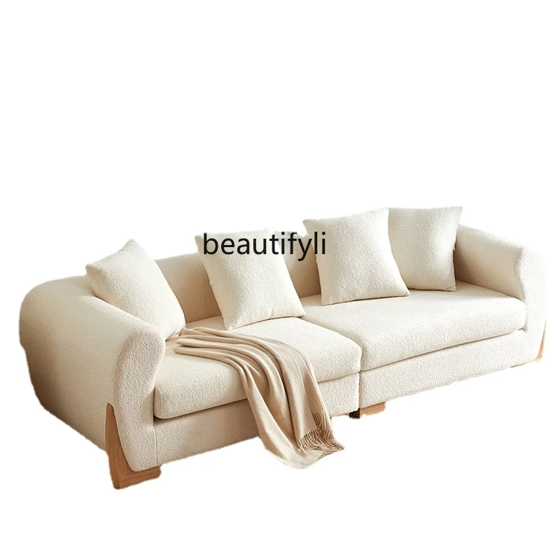 

Nordic Log Style Solid Wood Sofa Small Apartment Living Room Fabric Craft Japanese Style Lambswool Three-Person