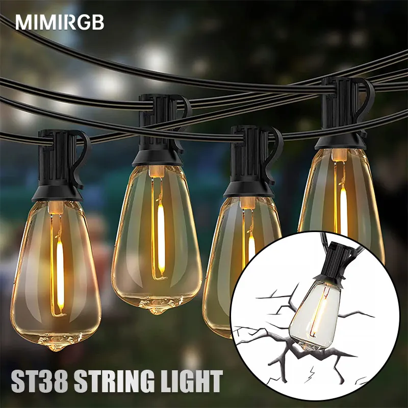 ST38 String Lights Outdoor Garland Connectable Shatterproof Waterproof Plastic LED Bulb Dimmable Patio Garden Decor Fairy Lighst