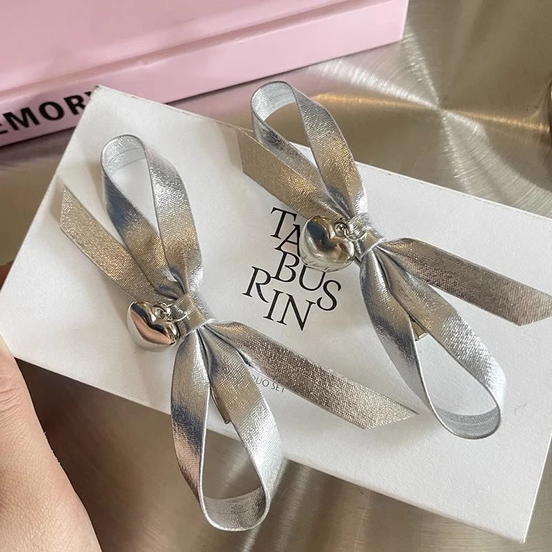 Fashion Sweet Silver Bow Hairpin Y2K Bowknot Heart Hair Clips Cute Girl Bang Clip For Women Hair Accessories Headwear