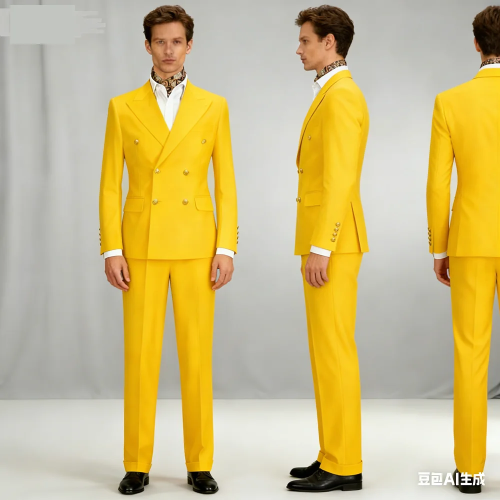 

2Smart Men's Khaki Casual Suit Fashion Formal Business Wedding Groom Tuxedo Peak Lapel Double Breasted Jacket And Pants