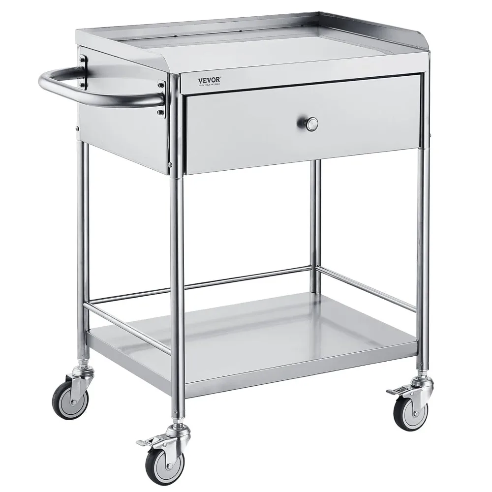 

Lab Utility Cart, 2-Layer Stainless Steel Cart 220 lbs Weight Capacity, with 360° Silent Wheels and a Drawer for Lab