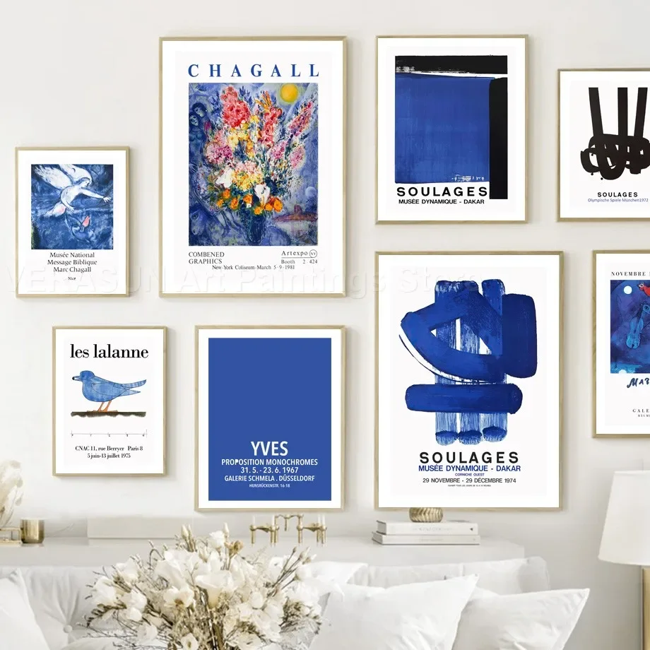 ملصقات ومطبوعات على القماش ، فن جداري أزرق ، روح ولالين ، ماتيس يايوي وكوساما ، شاغال ، صورة لديكور غرفة المعيشة #3