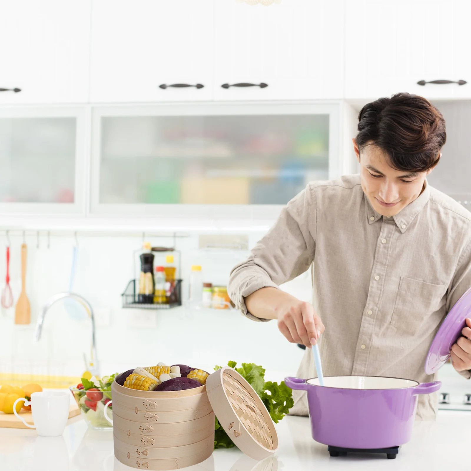 

1Set Bamboo Steamer 24Cm Handmade Dim Sum Dumpling Basket for Healthy Steaming Vegetables Fish Meat Retains Nutrients