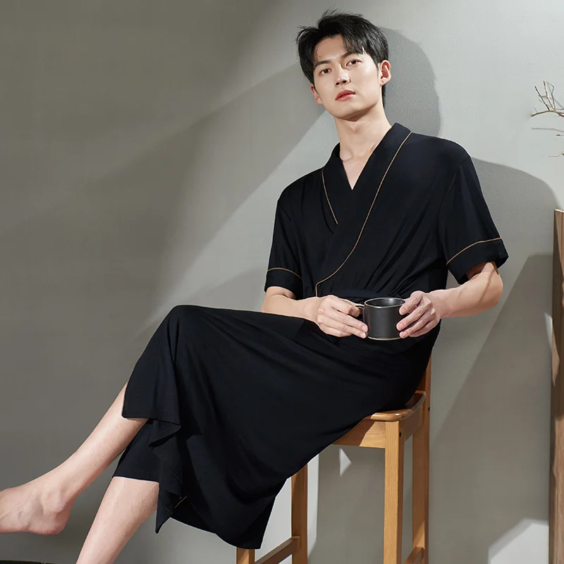 

Solid Color Bath Robe Summer Thin Modal Casual Nightgown Long Bathrobe Men Sleepwear Short Sleeve V-Neck Robes M-3XL Male Kimono