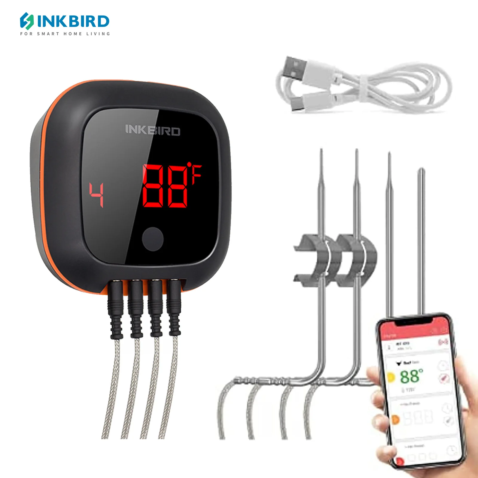 INKBIRD IBT-4XS Digital Wireless BBQ Thermometer 1000mAh Built-In Li-Battery Bluetooth Food Thermometer with Back Magnetic