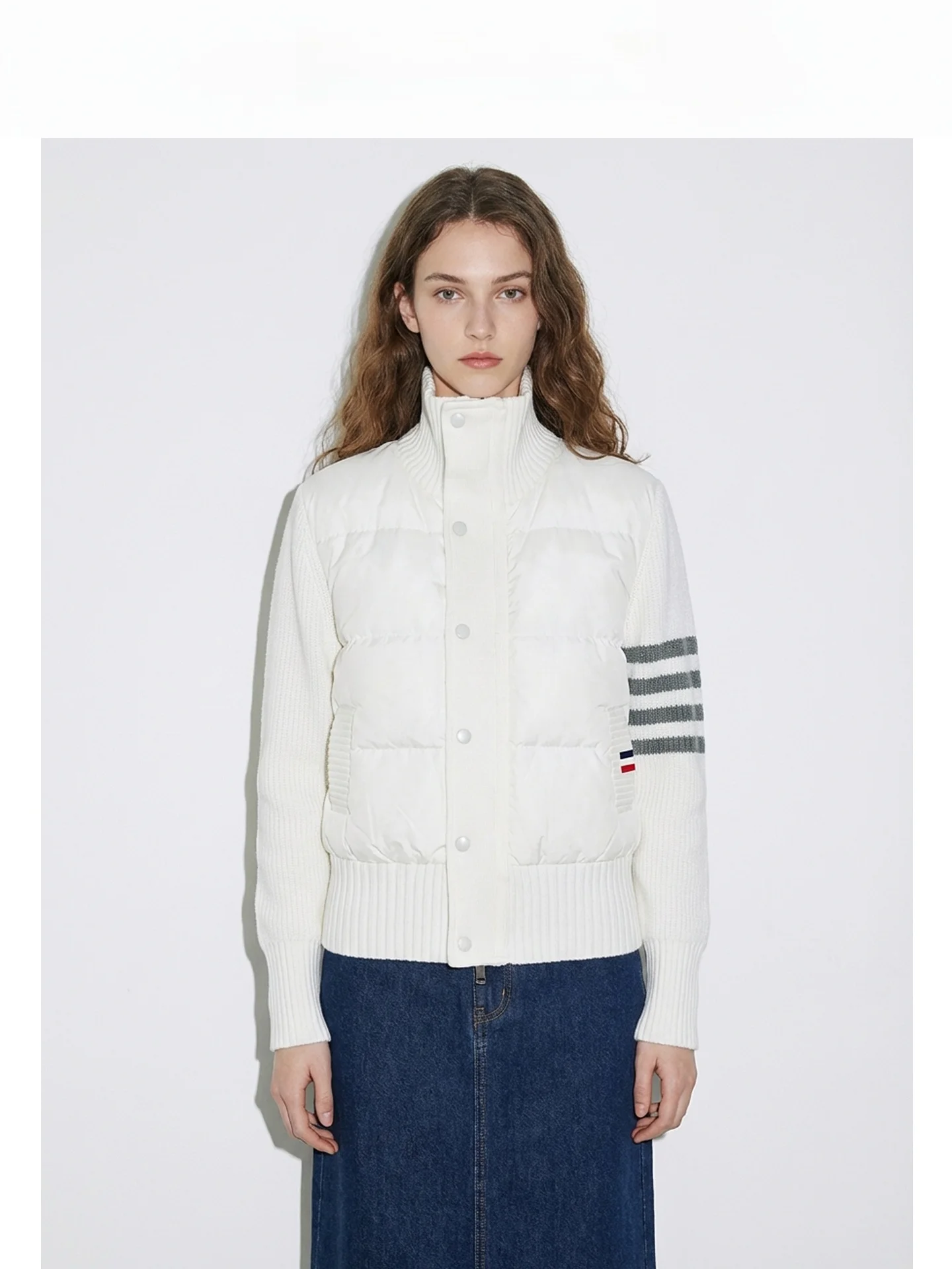 

Женская вязаная куртка Academic Sle ort с утеплением, приталенная, теплая верхняя одежда, белая, с воротником-стойкой, с четырьмя полосками, модная