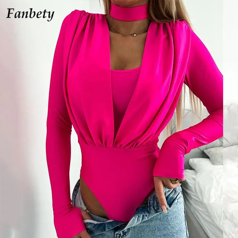 Women Fashion Solid Bodysuit Rompers Summer Elegant Long Sleeve Slim Jumpsuits Ladies Sexy Commuter All-match Pleated Playsuits