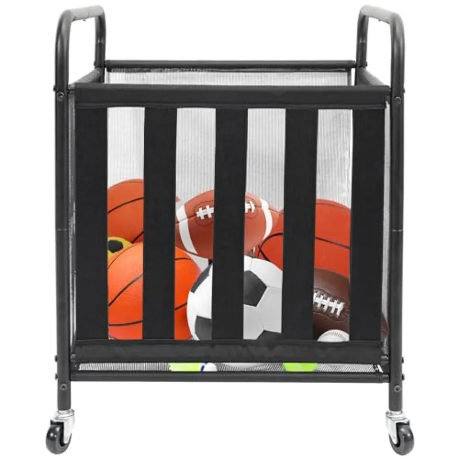 Rolling Sports Ball Storage Cart Lockable Basketball Cage with Elastic Straps Sport Equipment Holder Organizer for Indoor Outdo