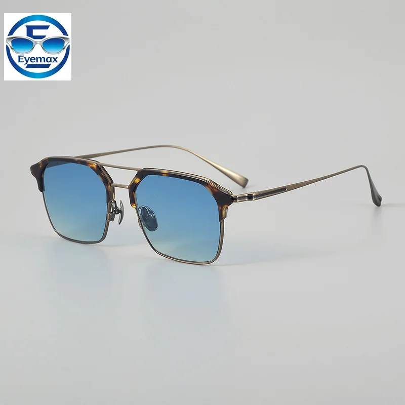 2026 New Retro Double Bridge Sunglasses for Men Women High Quality Ultralight Metal Tortoise Shell Gradient Blue Lens Gafas