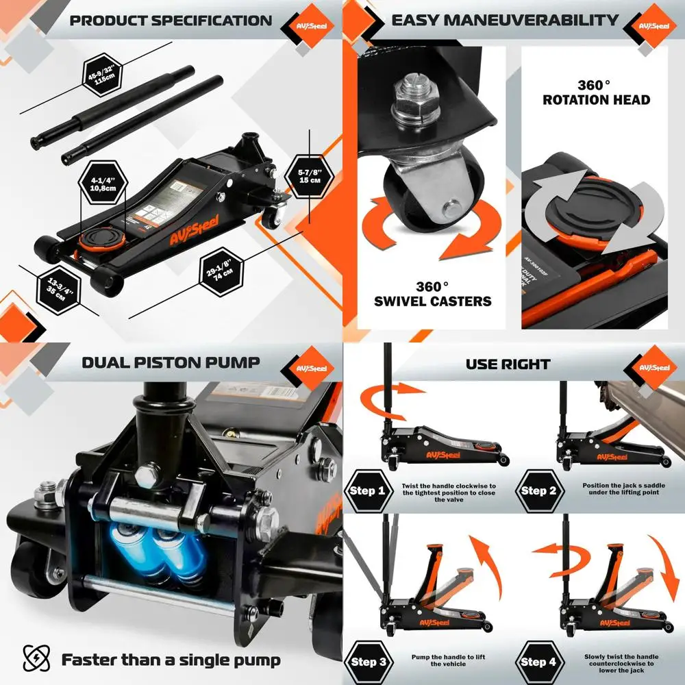 

3 Ton Heavy-Duty Hydraulic Car Lift Jack with Dual Piston Pump, 3-1/8 to 19-7/8 Lifting Range