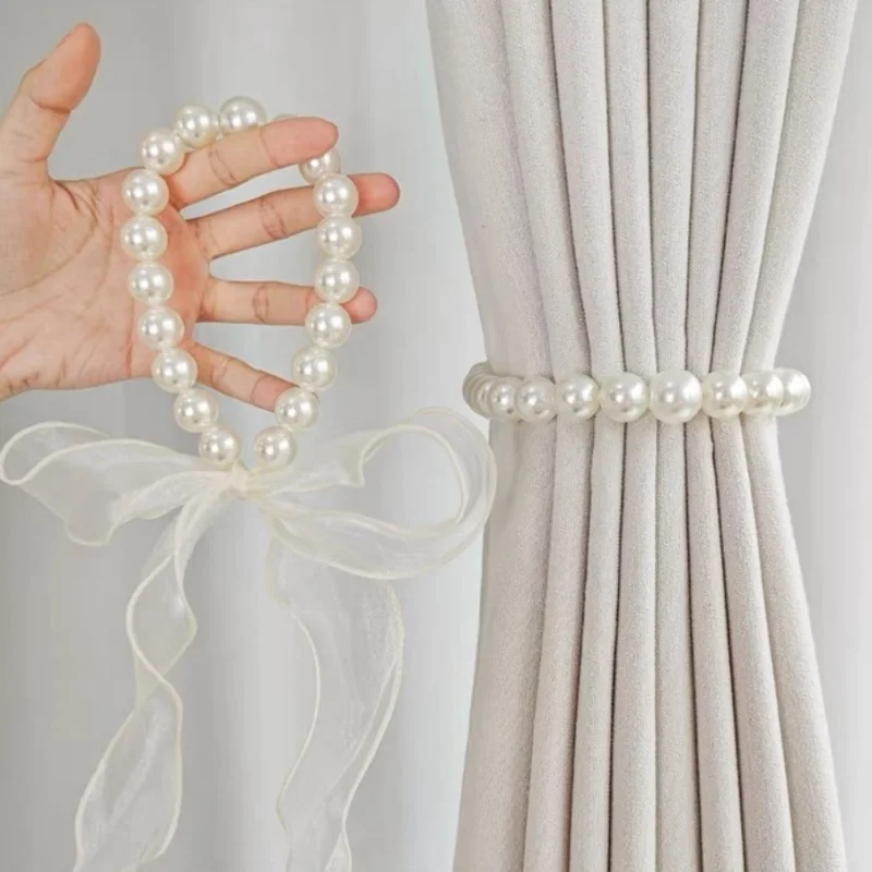 1/2pcs Pearl Bow Curtain Tieback Elegant Organza Bow Curtain Tie Back Beaded Curtain Holdback for Home Store Decor Pendant