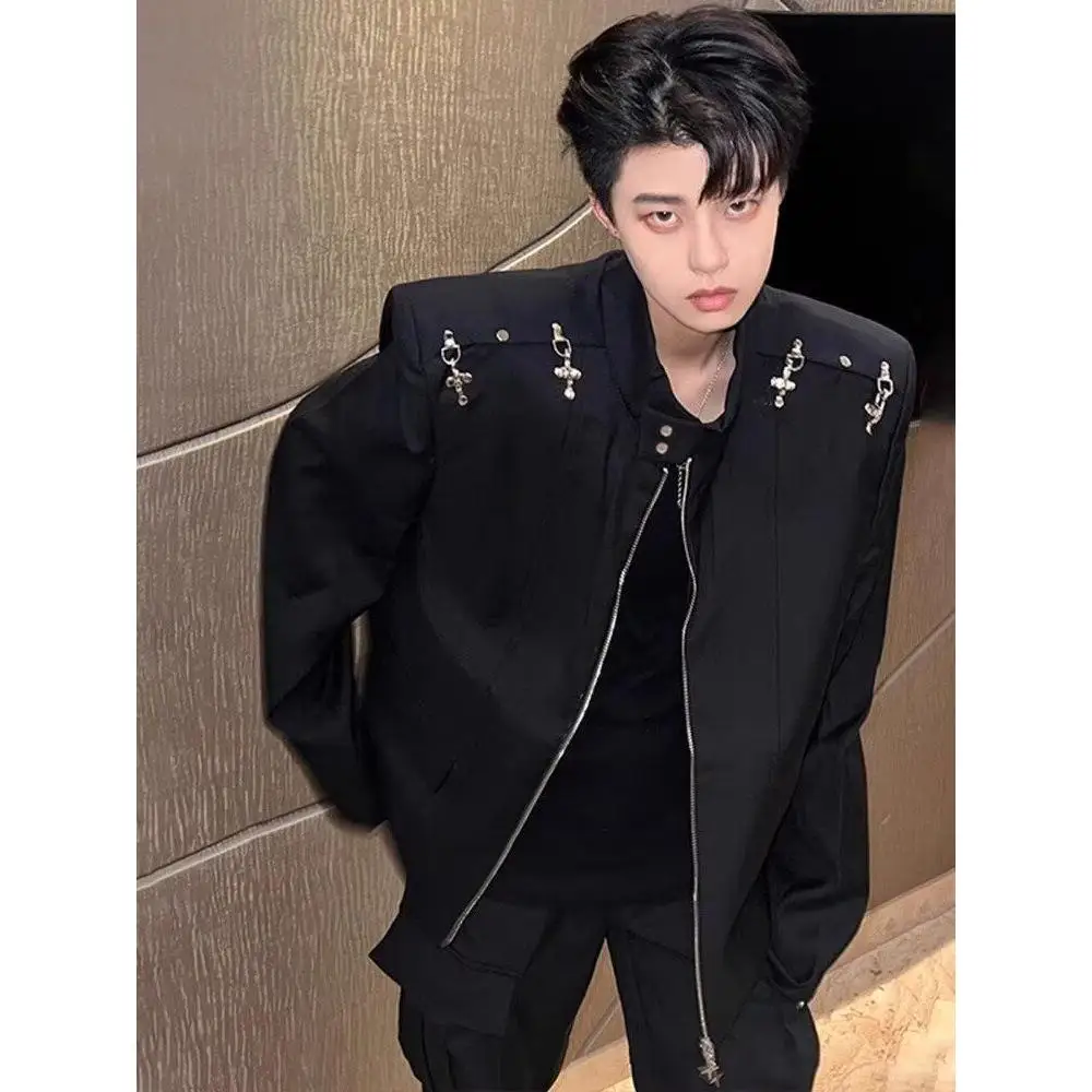 

Retro American Patchwork Color Blo Baseball Jaet for Men Spring Autumn Winter Stand Fit Polyester Fiber Long Sve Coat