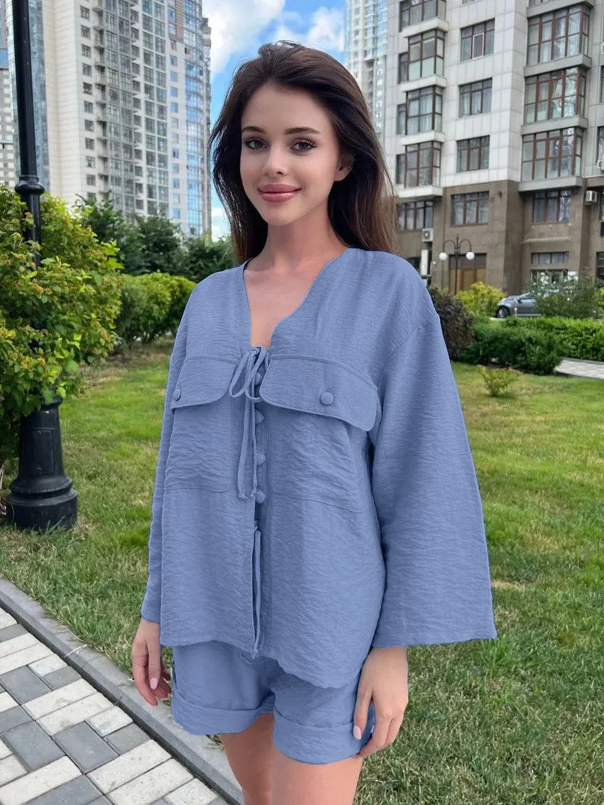 Marthaqiqi Casual Female Sleepwear Suit Long Sleeve Pajamas V-Neck Nightwear Lace Up Nightgowns Shorts Loose Women'S Nightie Set