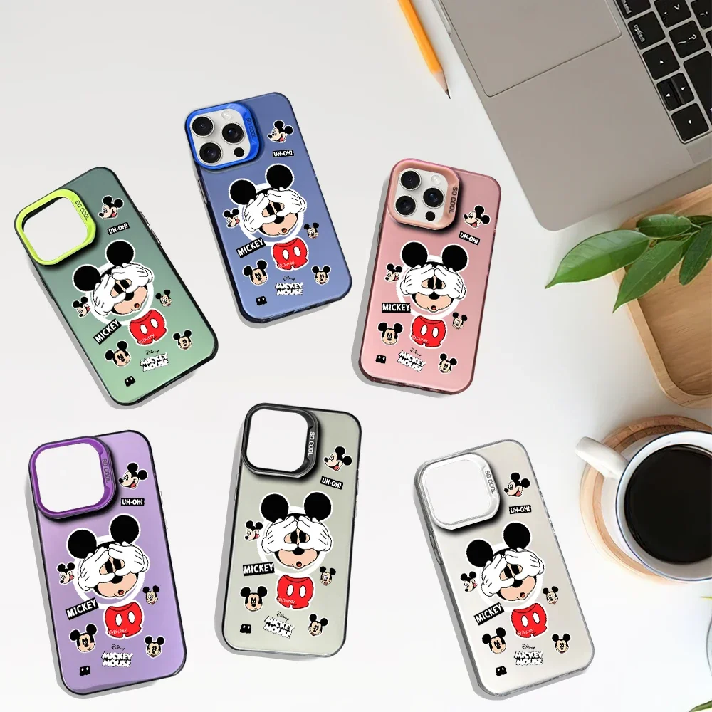 MINISO Cute M-Mickey Mouse Laser Phone Case for iPhone 12 11 13 14 15 16 Max Pro Plus IMD Shockproof Silicone Coque