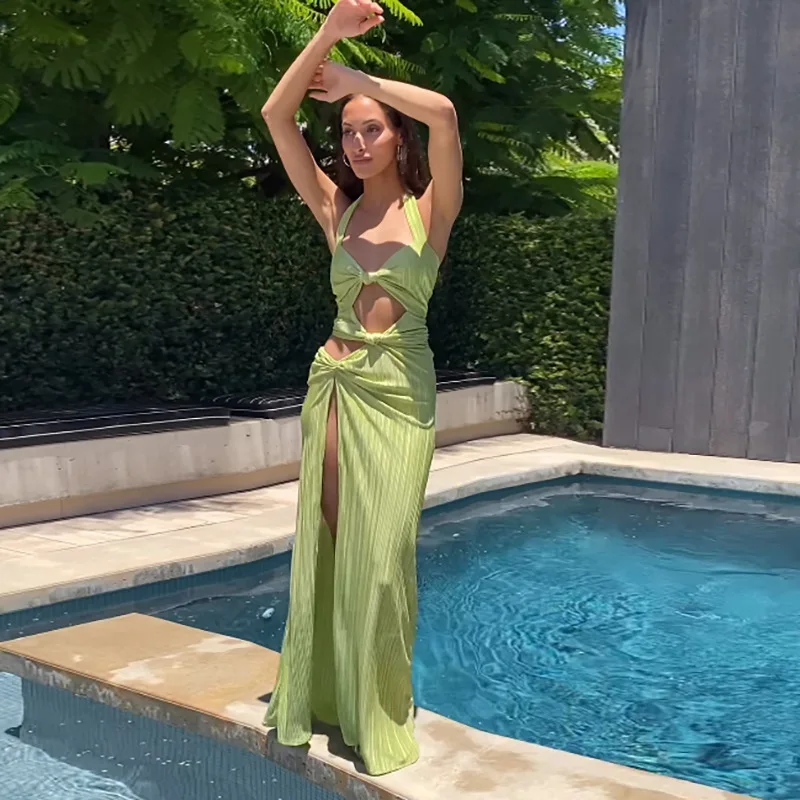 Green Women's Prom Dress Halter Sleeveless Summer Long Maxi Party Gown Sheath Slim Fit Casual Side Split Hollow Skirt Robes