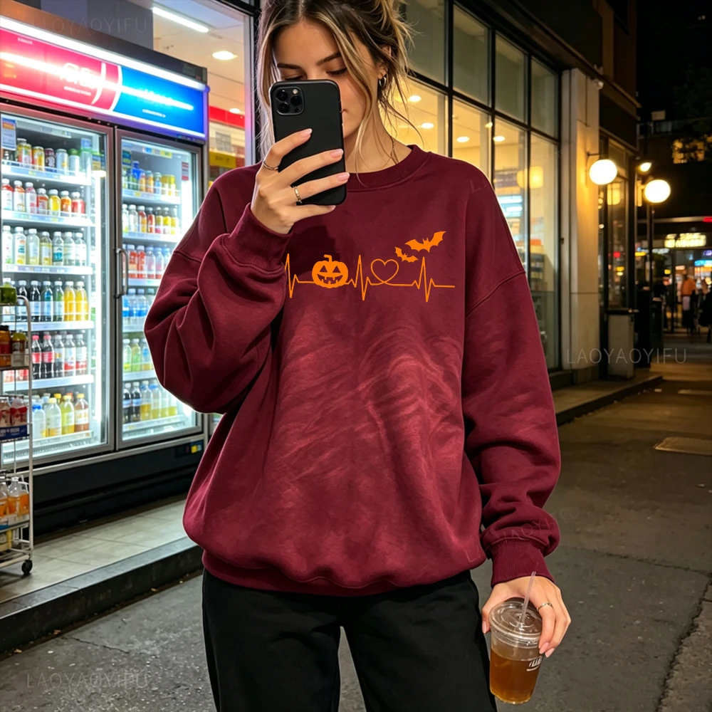Pumpkin Bat Heartbeat Halloween Sweatshirt Ladies Women Fall Crewneck Pullover Cute Cozy Casual Spooky Graphic Clothing