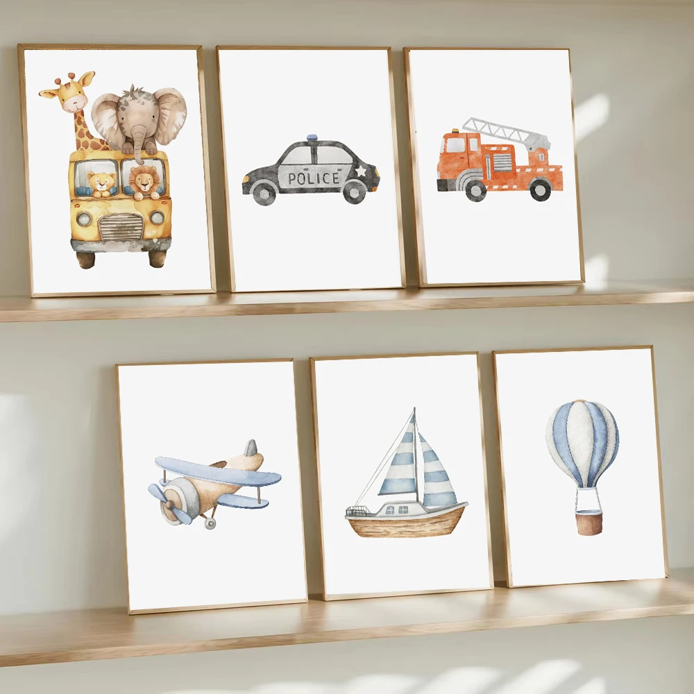Watercolor Vehicle Transportation Art Car Plane Train Boat Hot Air Balloon Poster Canvas Painting Print Boy Nursery Home Deco