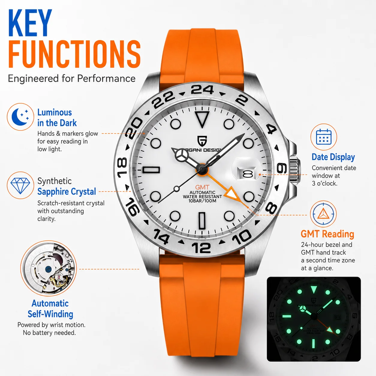PAGANI DESIGN Newest 42mm Men Automatic Machinery Watch GMT DG5833 Stainless Steel Sapphire Crystal 10bar Waterproof Reloj Hombr