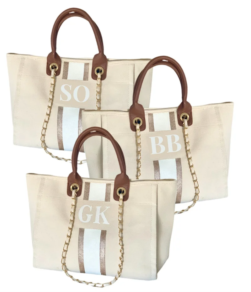 

Luxury Canvas Stripe Tote Bags, Personalised Monogram Tote Bags, Canvas Chain Beach Shoppers, Personalized Beach Totes