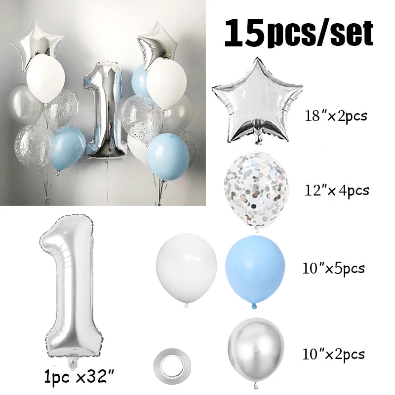 15pcs Silver Number Starl Foil Balloons 1st Birthday Party Decorations Kids Boy Prince 1 2 3 4 5 6 7 8 9 Year Old Supplies