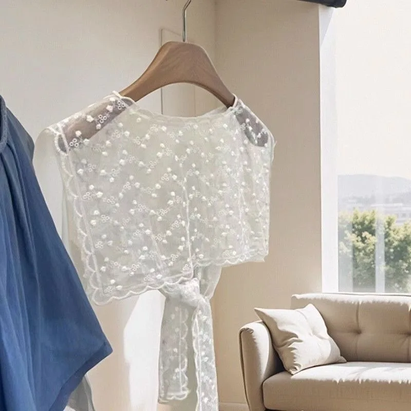 

Korean Styling Lace Trim Navy Shawl Scarf Versatile Summer Layering Scarf Adorable Top Accessory Shawl Belt to Wear with Blouses