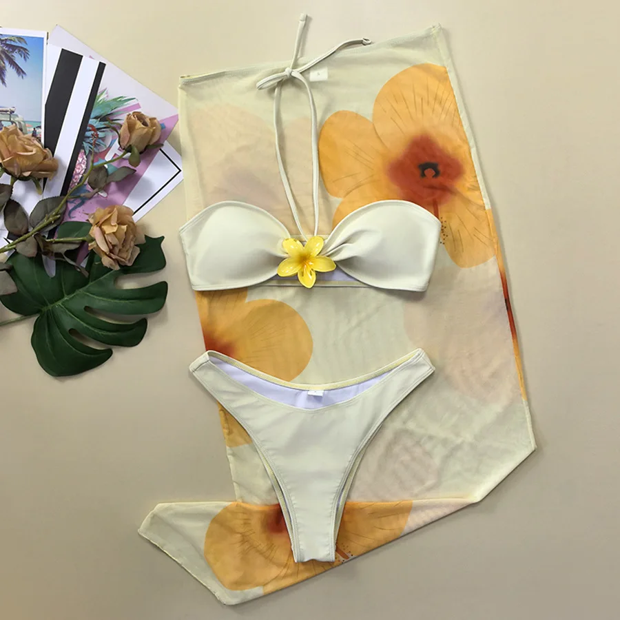 

Сексуальные желтые бикини с большим цветочным принтом, комплекты из трех предметов с длинной сетчатой юбкой, купальники, пляжная одежда, бикини.