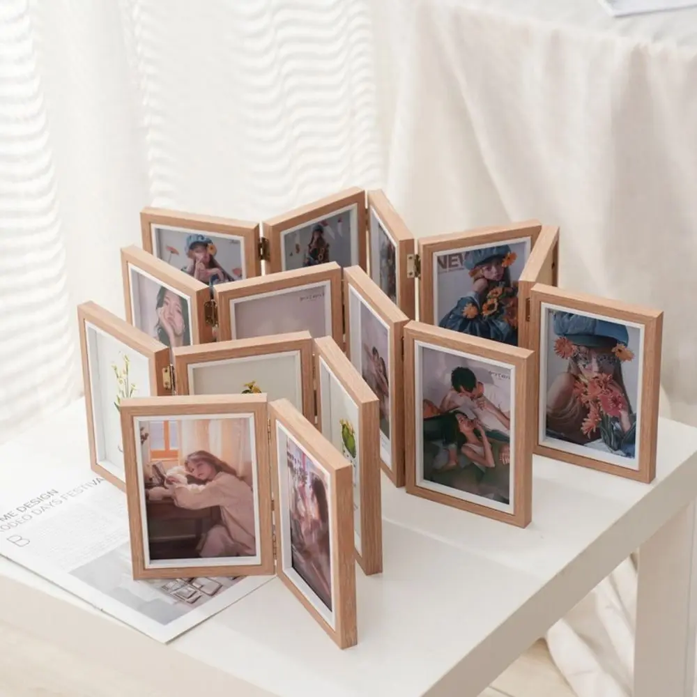 Creative Foldable Hinge Photo Frame Rectangular Wooden Portrait Picture Frame 2/3/4/5 Linked Double/Triple Desktop Album Set