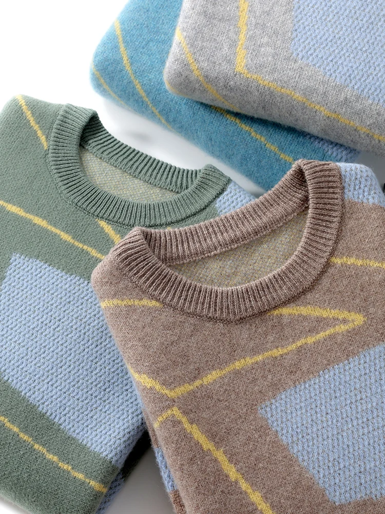 

100% Australian wool sweater loose plus size crew neck sweater color matching thickened knitted casual business bottoming top