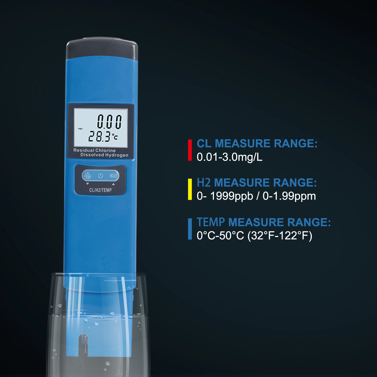 Yieryi H2 Chlorine TEMP Analyze Monitor HW-98117 3-In-1 Hydrogen-rich Water Quality Detector for Drinking Water