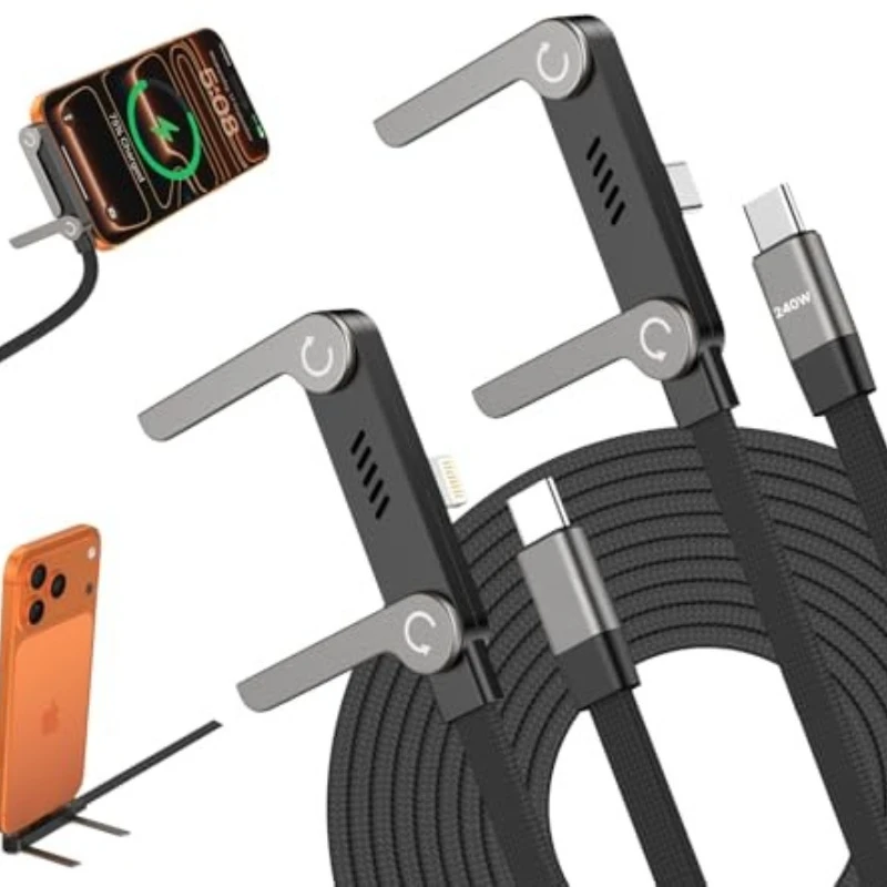 240W Quick Charging Type-C Elbow Cables with Invisible Phone Kickstand Nylon Braided USB C To C Cord for IPhone Samsung Xiaomi