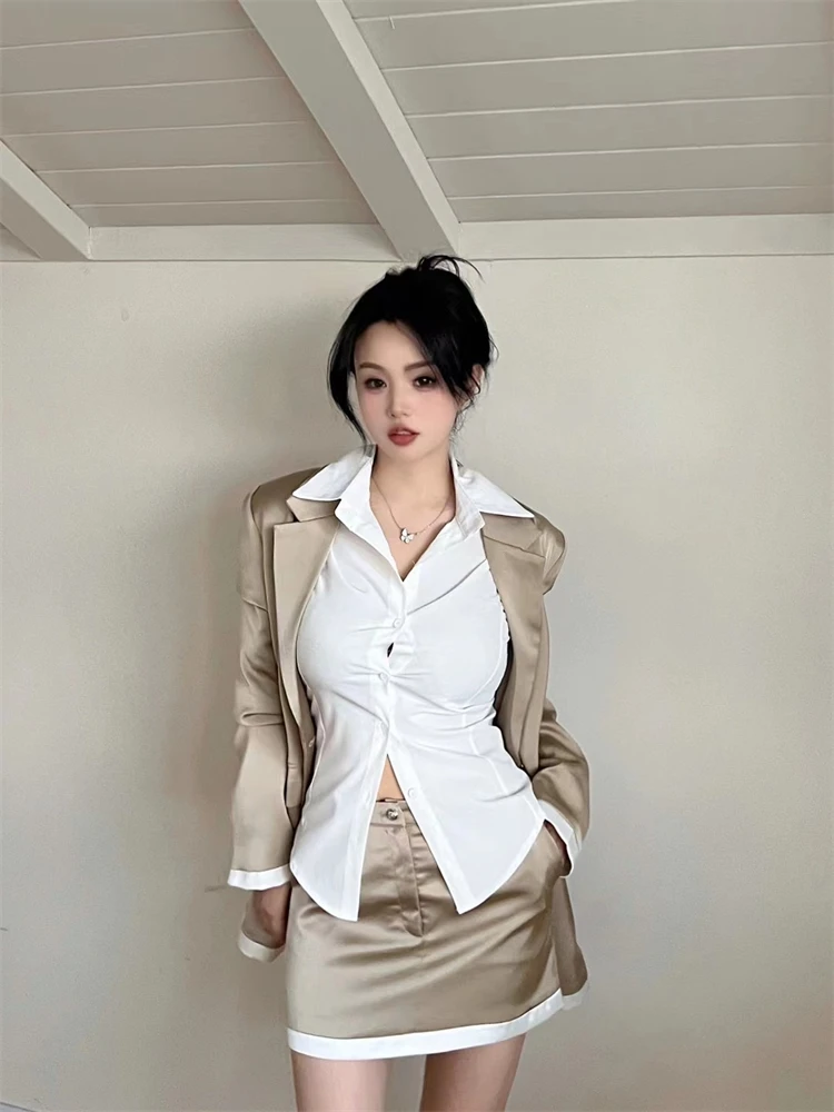 

Autumnal Basil Gold Satin Patchwork Suit Set ort Skirt Two-Piece Set Faionable Korean Sle for Small Figures