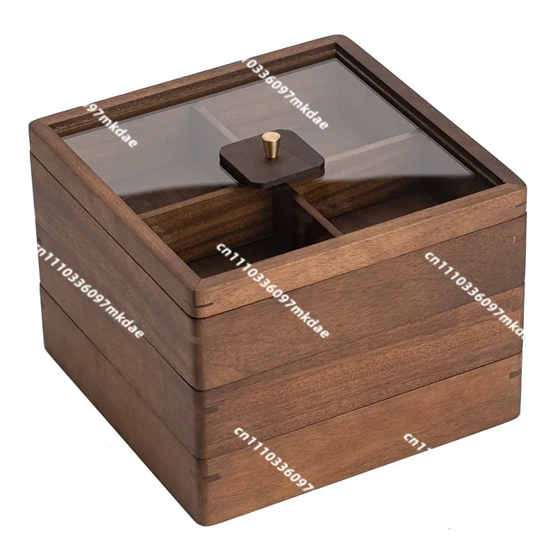 Walnut Chinese-style grid with lid refreshment tray, snack tray for home use, living room hospitality snack storage tray