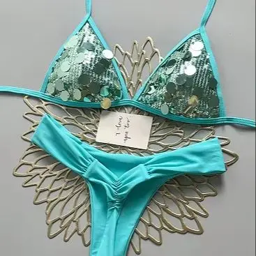 Shiny Sequin Skyblue Patchwork Bikini Set 2026 Women Halter Push Up Bra Pleate High Waist Swimsuit Bathing Suit Holiday Swimwear