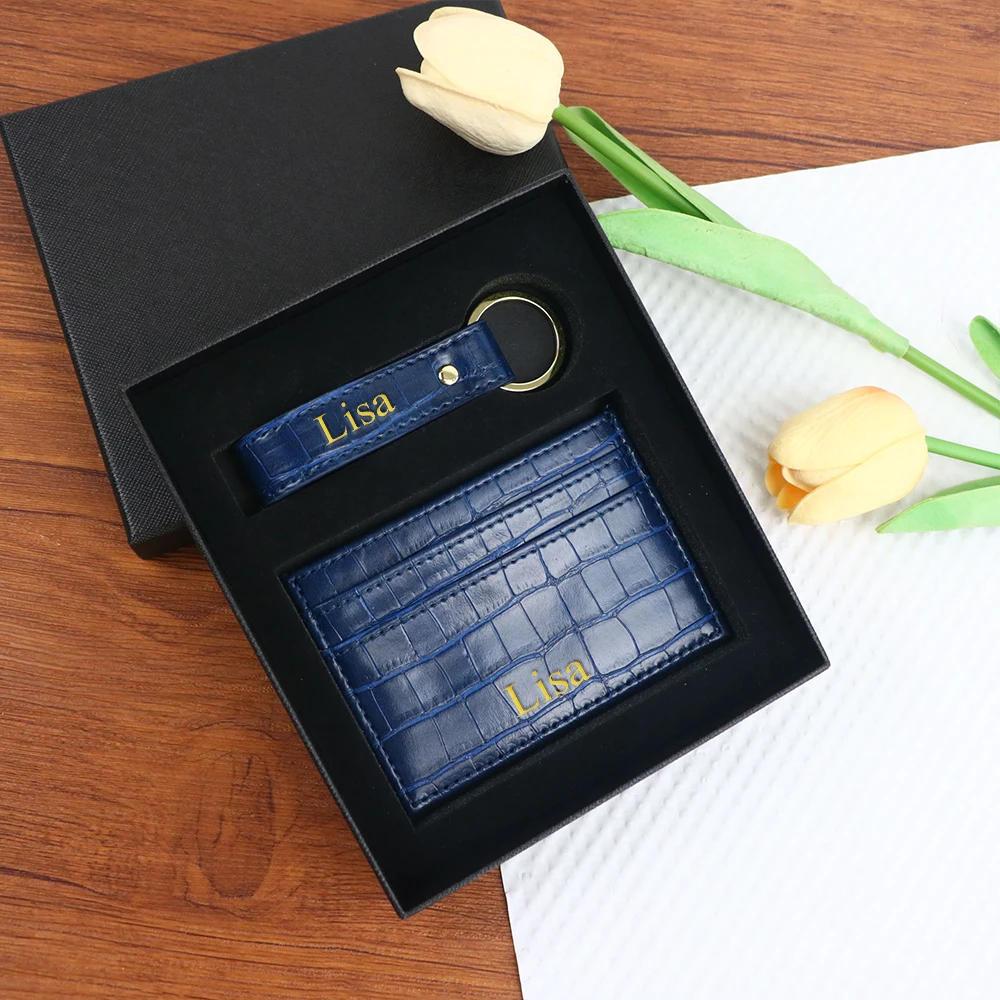 Customized name 1 set, crocodile-patterned PU leather fashionable short wallet, Christmas birthday gift box, car keychain cover