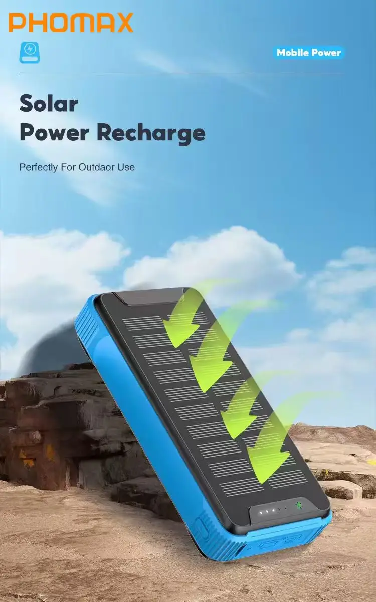 

PHOMAX 22.5W Fast Charging Solar Power Bank Mobile Phone Charging External Battery Power Bank with Strong LED Light for Travel