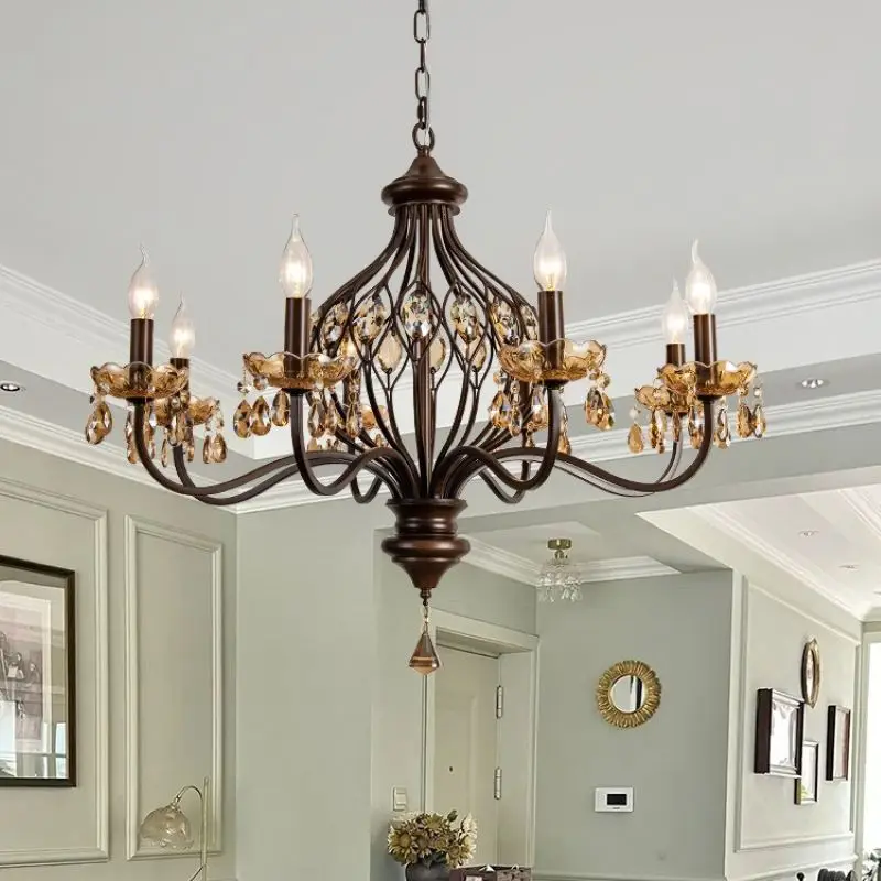

SANDYHA French Retro Crystal Chandeliers Walnut Color Metal Pendant Lights Elegant Lighting for Living Dining Room Bedroom