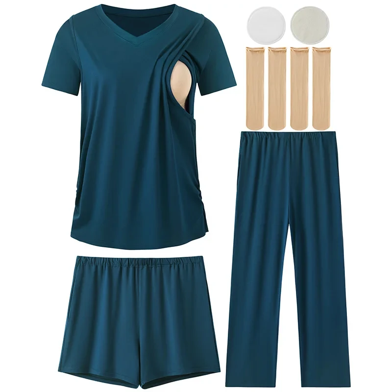 

New Maternity Postpartum Nursing Clothes Maternity Three-piece Pajamas Homewear Breastfeeding Pajamas Set Tops+Shorts+Long Pant