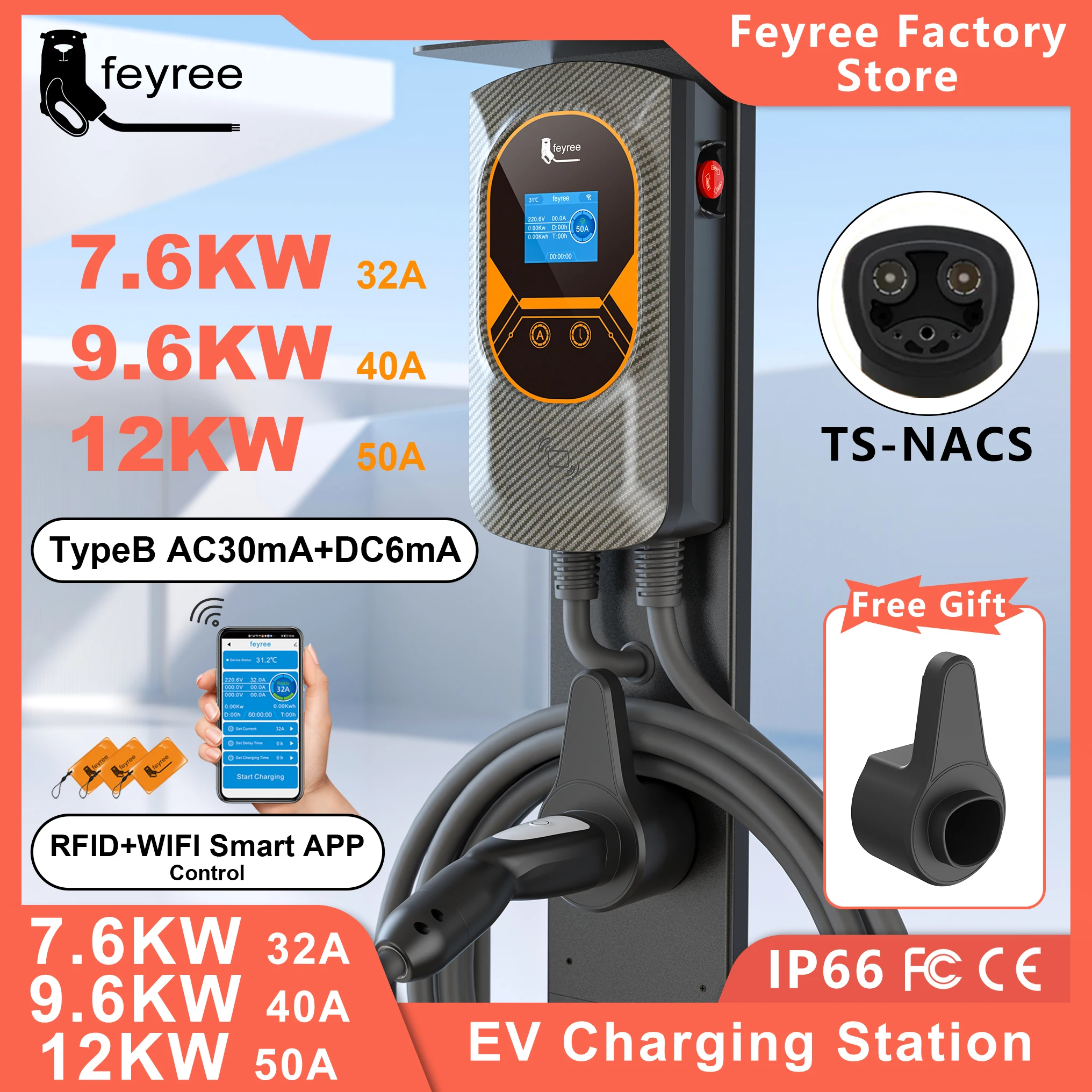 feyree EV Charging Station Tesla NACS EVSE Wallbox 32A 7.6KW 40A 9.6KW 50A 12KW 1Phase 5M APP Control for Electric Vehicle Car