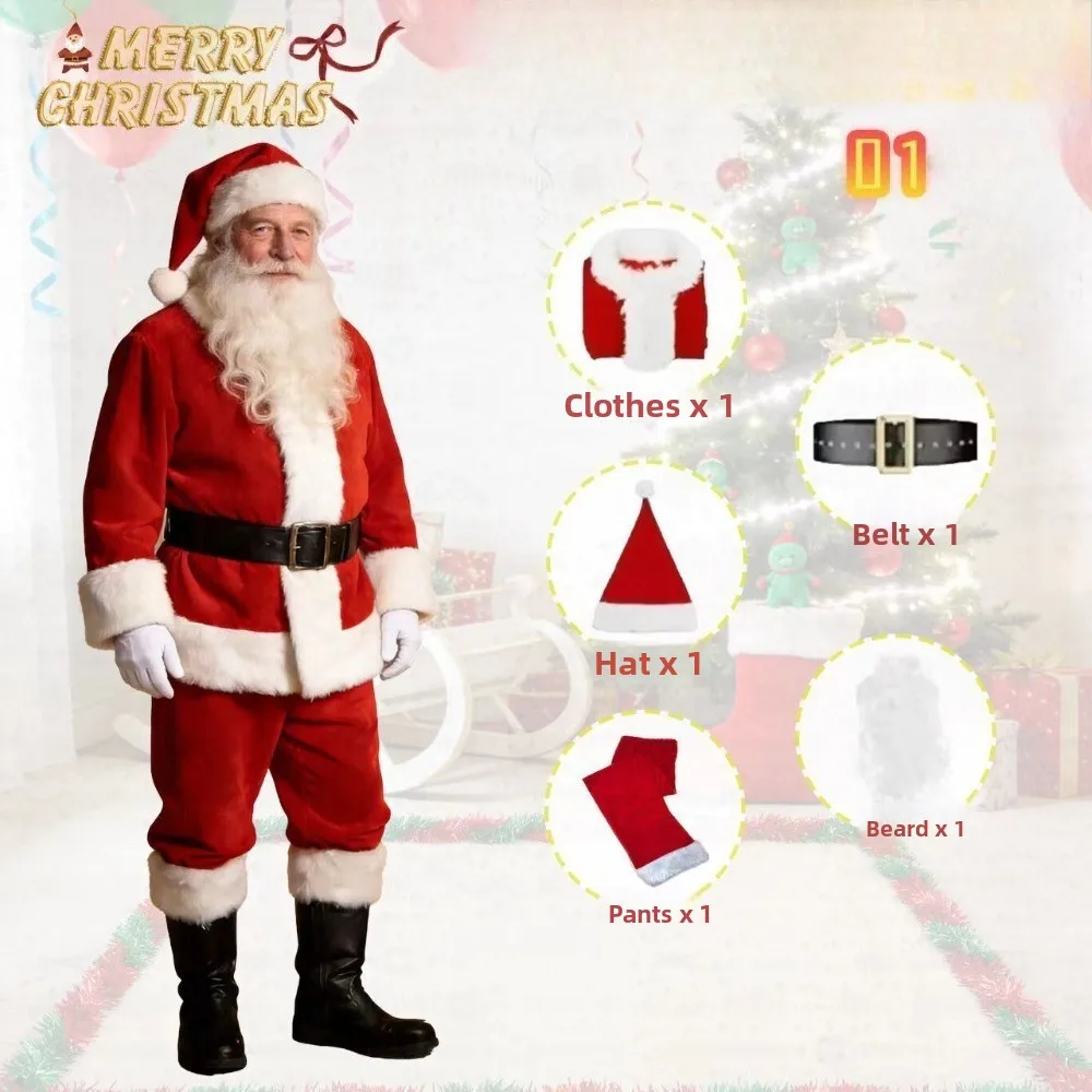5-Piece Mens Santa Claus Costume Set Deluxe Christmas Outfit for Holiday Party, Cosplay & Stage Performances