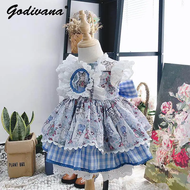 Sweet and Lovely Baby Girls Summer 2026 New Fashion Princess Lolita Dress Kids Cartoon Print Lace Trim Sleeveless Plaid Dress