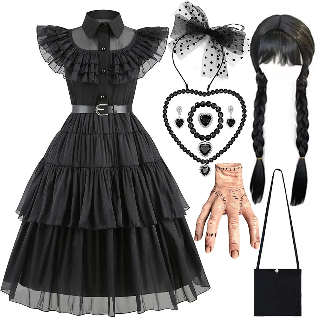 TV Wendsday Addam Costums for Girls New Black Short Sleeve Long Lace Dress Girls Cosplay Costume + Wig and Hand Accessories