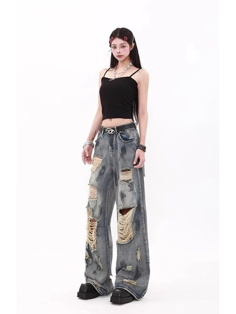Summer Ripped Jeans for Women High Waisted Jeans Retro Versatile Straight Leg Pear Shaped Loose Flesh Blocking Leg Floor Pants