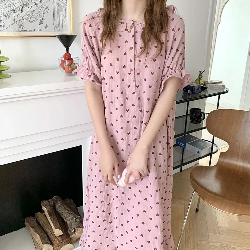 Heart Print Summer Nightgown Women O-Neck Ruffles Short Sleeve Cotton Loose Sleepwear Sweet Vintage Kawaii Homewear Purple 2022