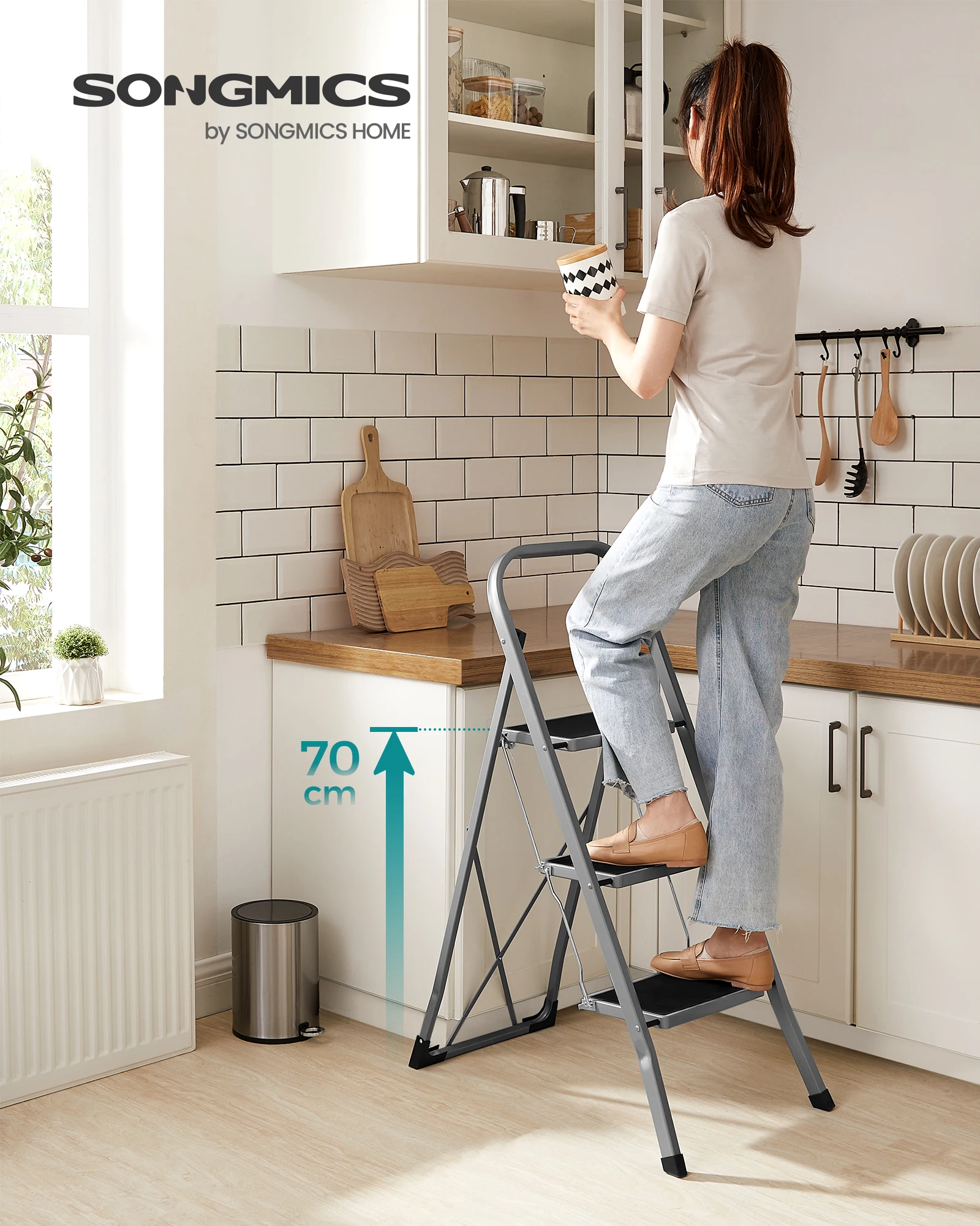 SONGMICS Step Ladder, 3-Step Ladder, Folding Ladder, Safety Lock, Space-Saving Storage, Holds up to 150 kg